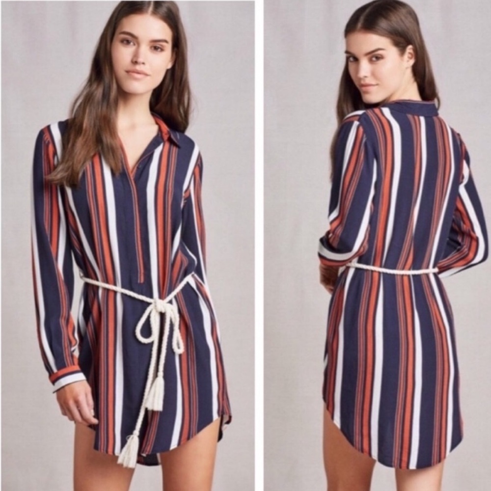 TULAROSA STRIPED LONG SLEEVE JAMES ROPE TASSEL BELT TUNIC SHIRT DRESS